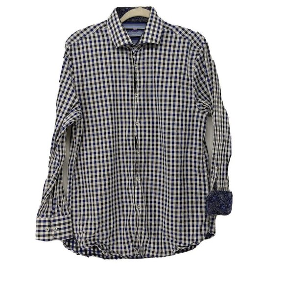 Michelsons London Button Shirt Mens Large Flip Cuff Paisley Blue Check Plaid - Picture 1 of 11